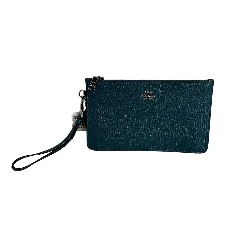 COACH Crosby Clutch Wristlet Dark Teal Glitter Crossgrain Leather F21020 NWT